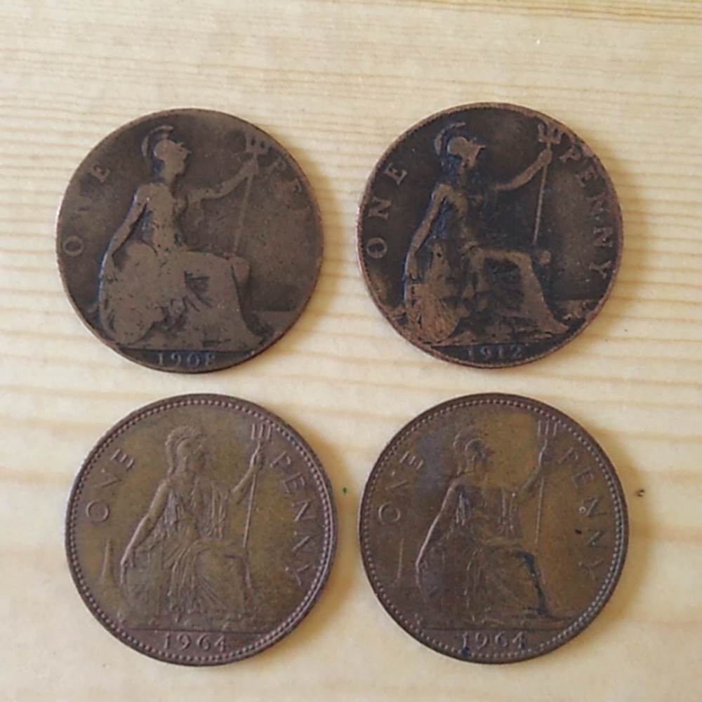 Vintage One Penny Great Britain - 1908, 1912, 1964, & 1964